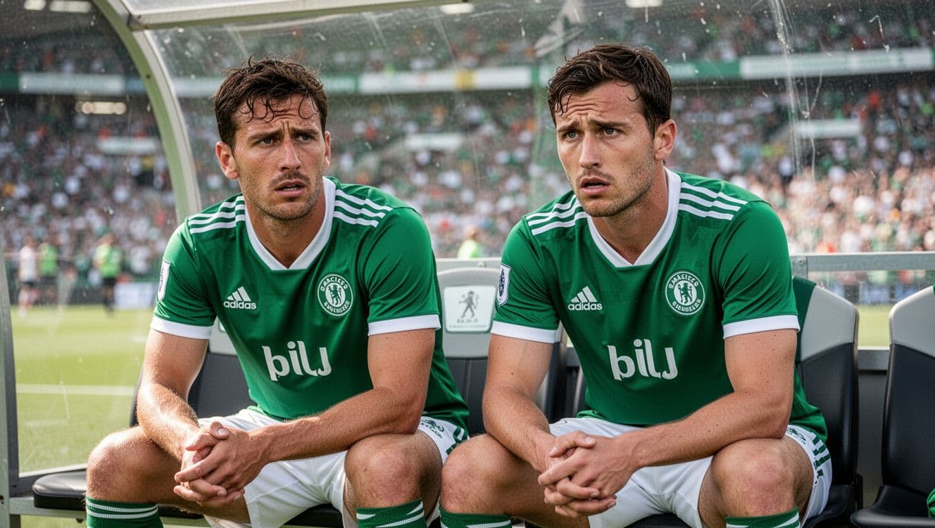 Two players in green and white jerseys sit on bench with concerned expressions, blurred stadium crowd behind.