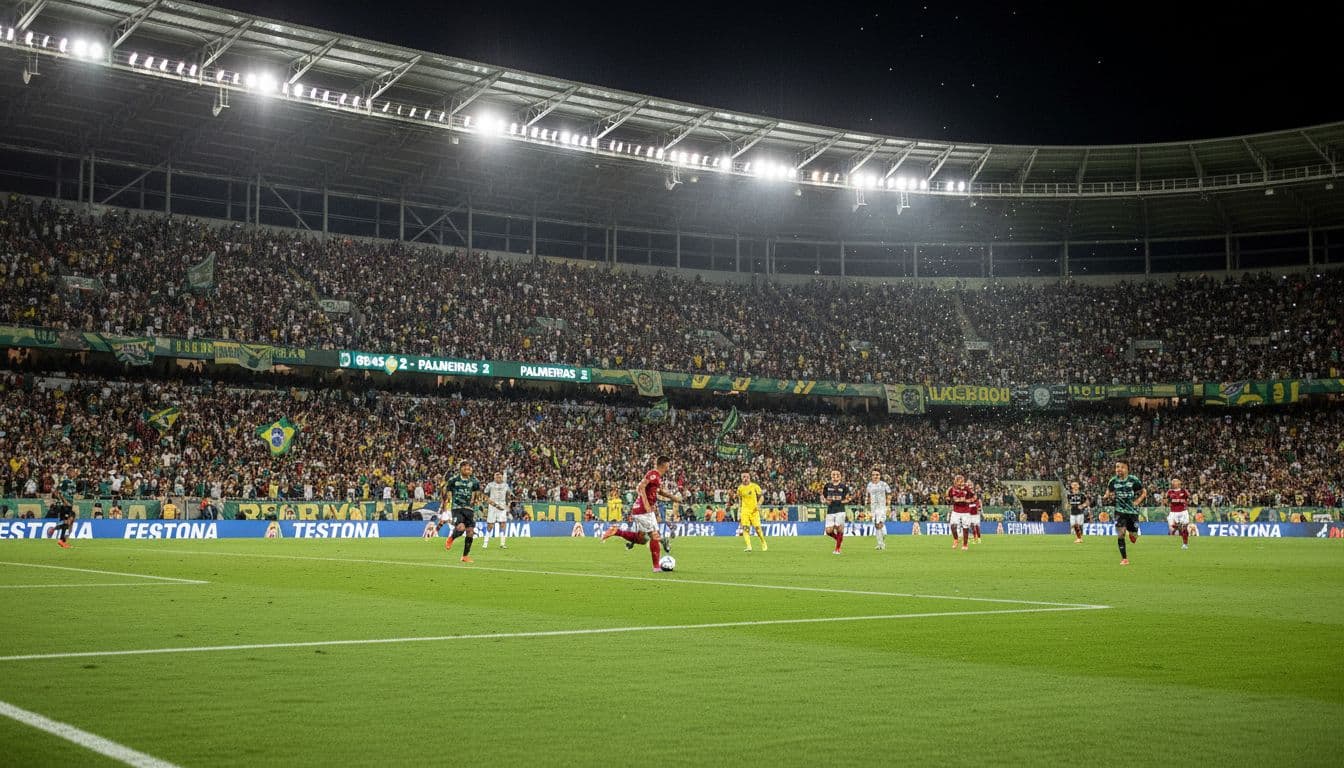 A low-angle view captures a professional football match under stadium lights with cheering crowds in the background.