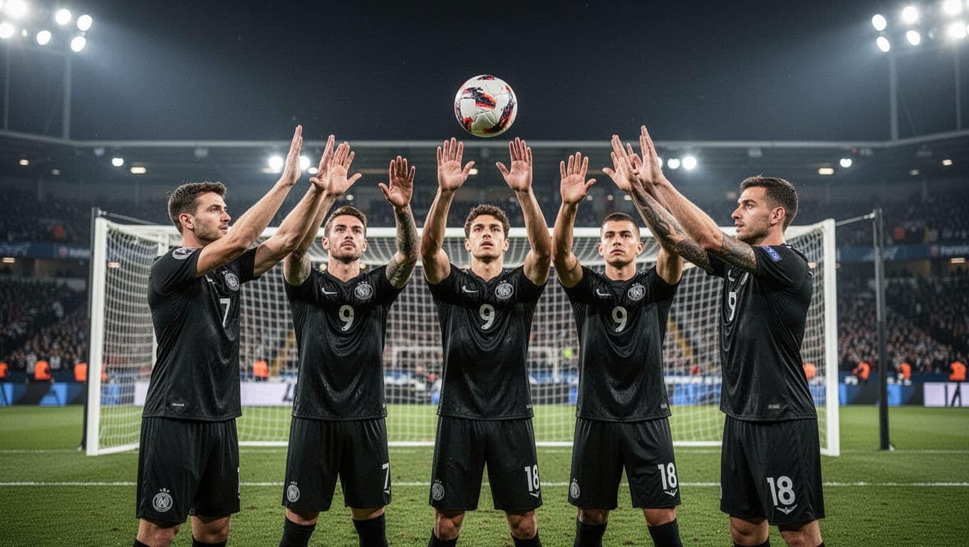 Five Corinthians defenders in black jerseys block shots near goalpost under floodlights at Neo Quimica Arena.