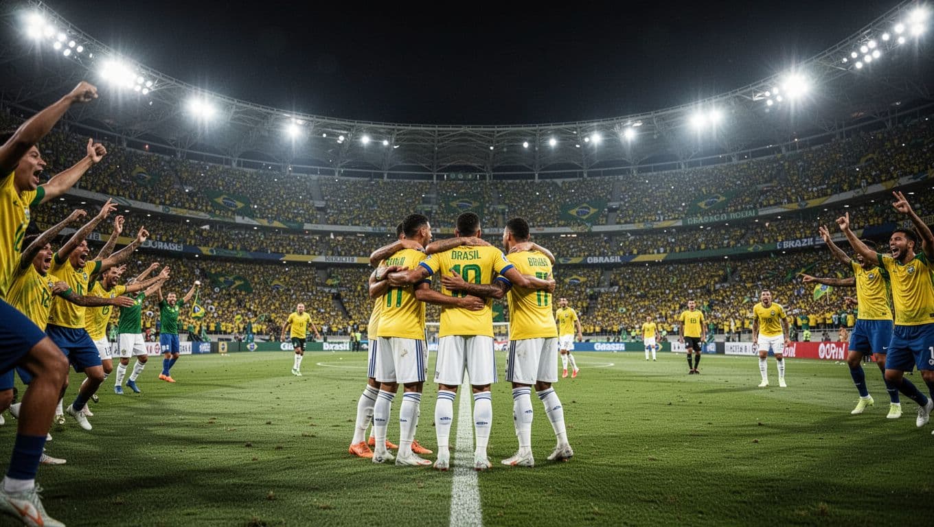 Corinthians fans cheer from stands as players hug on field after goal in spotlit Neo Quimica Arena.