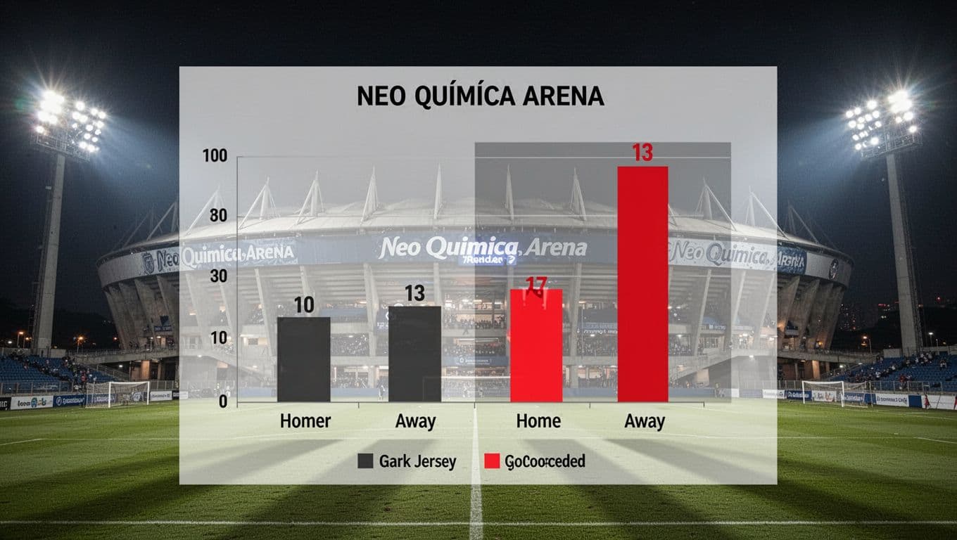 Soccer bar chart with black bars for low goals scored versus taller red conceded bars, split home and away, against Neo Química Arena night background.