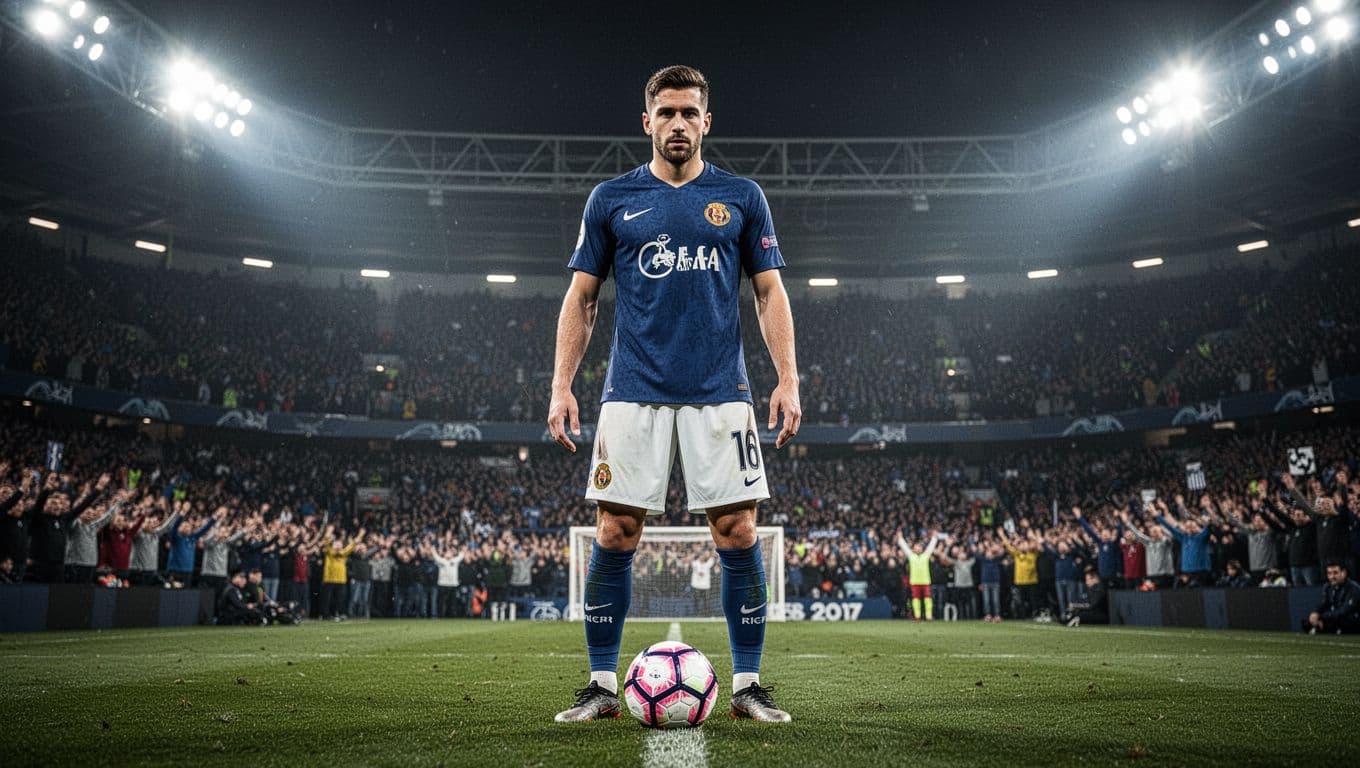 Corinthians player holds soccer ball with both hands under stadium spotlights at night, tense fans in background.