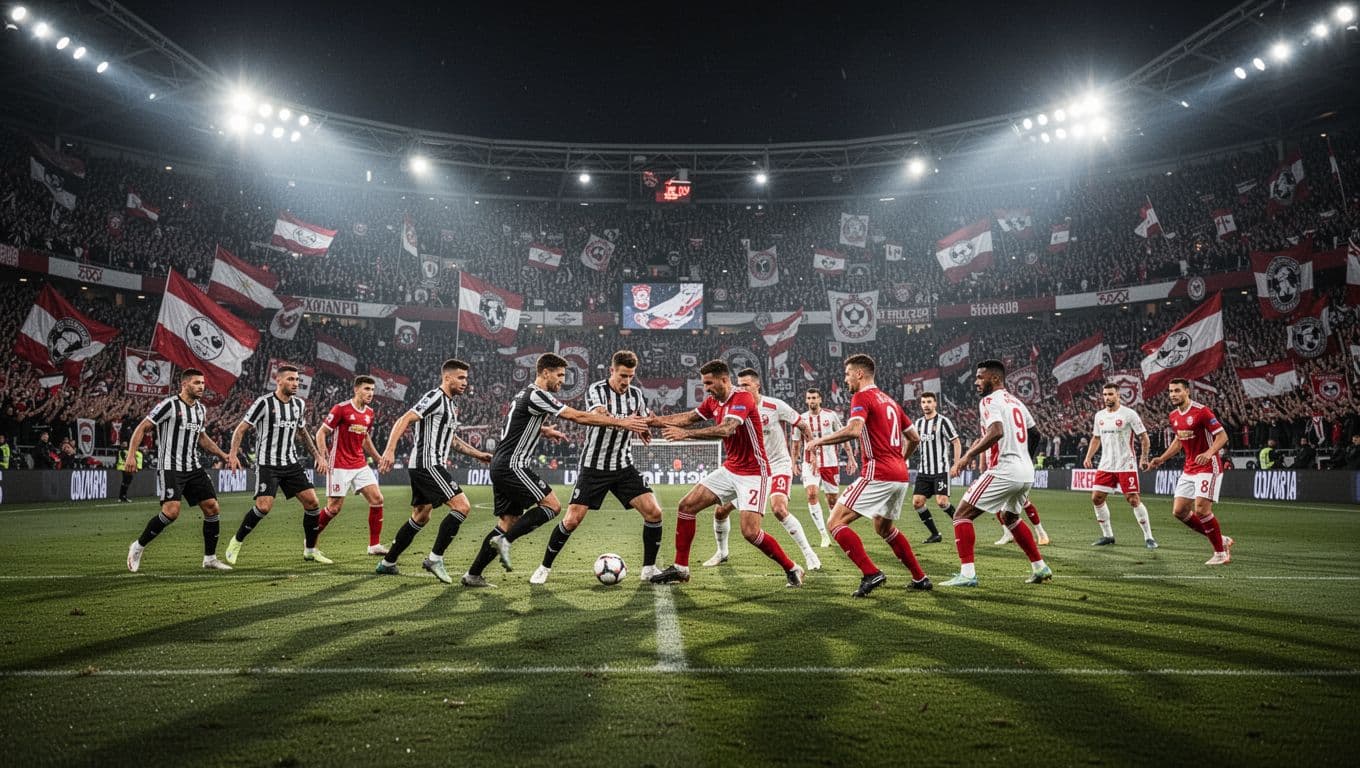 Tense players clash in midfield at packed Neo Química Arena night derby, fans roar waving flags.