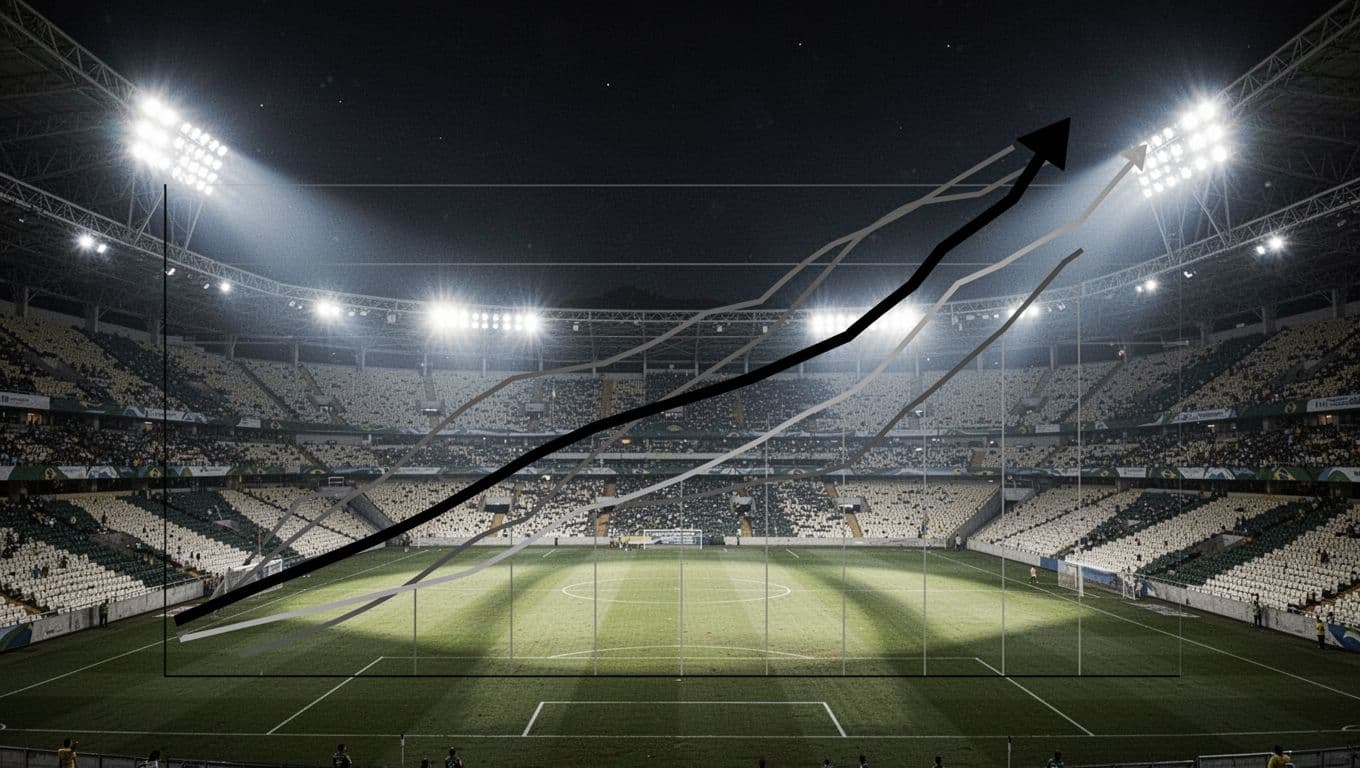 Line graph shows thick black line for Corinthians rising from 15th to 10-12th place amid thin gray lines, against nighttime Neo Quimica Arena stadium.