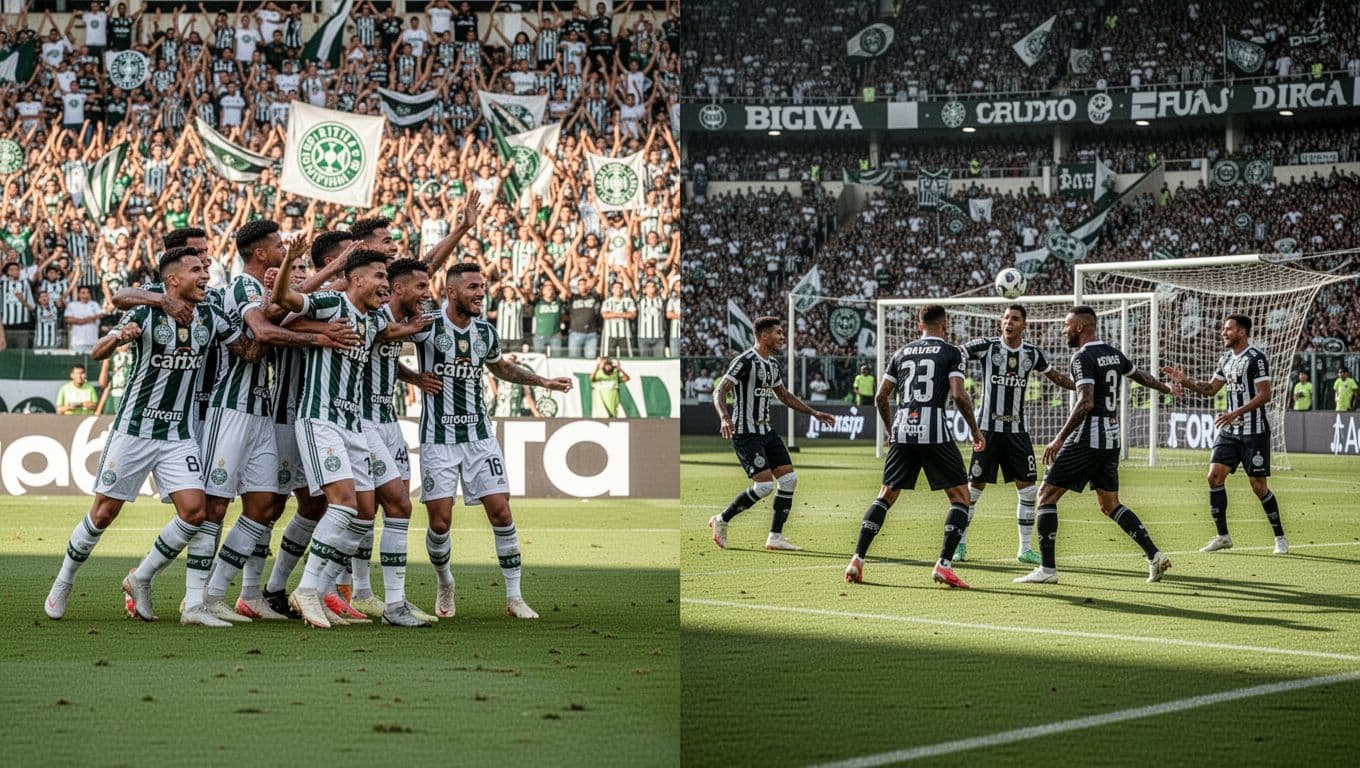 Split screen left: Coritiba players celebrate goal in Couto Pereira with cheering fans; right: team defends corner against packed opponent crowd.