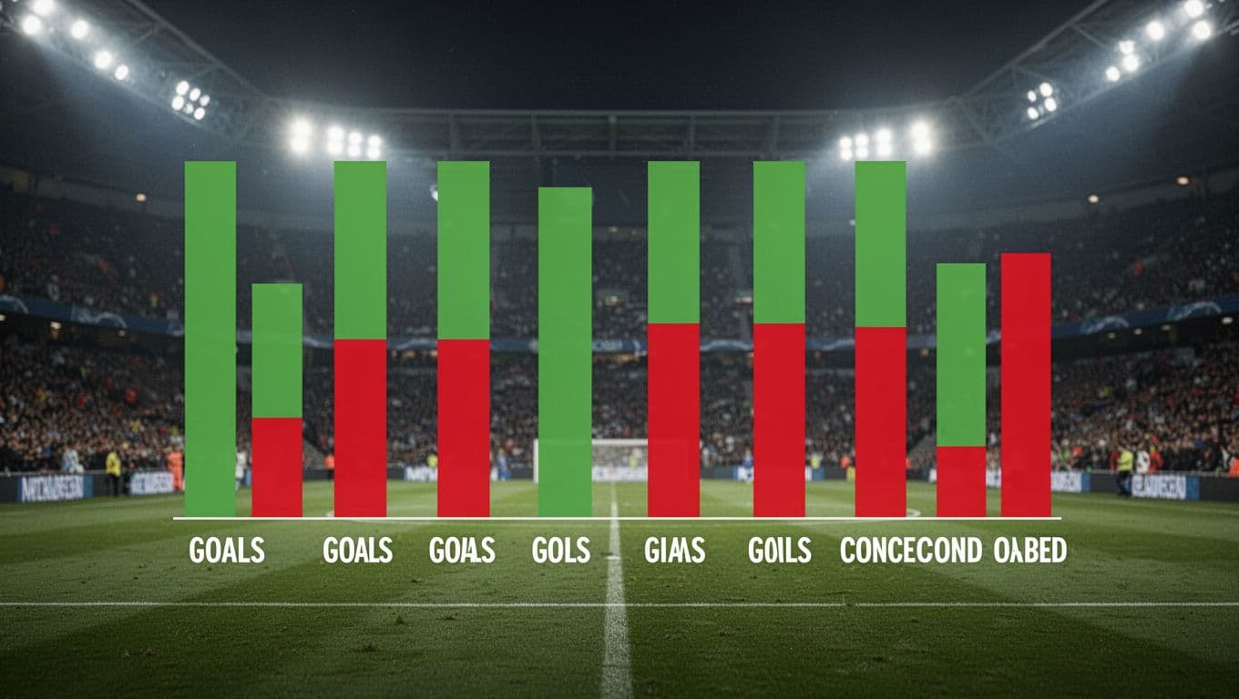 Bar chart shows 15 green bars for goals scored versus 13 red bars for goals conceded over 12 matches on stadium scoreboard background.