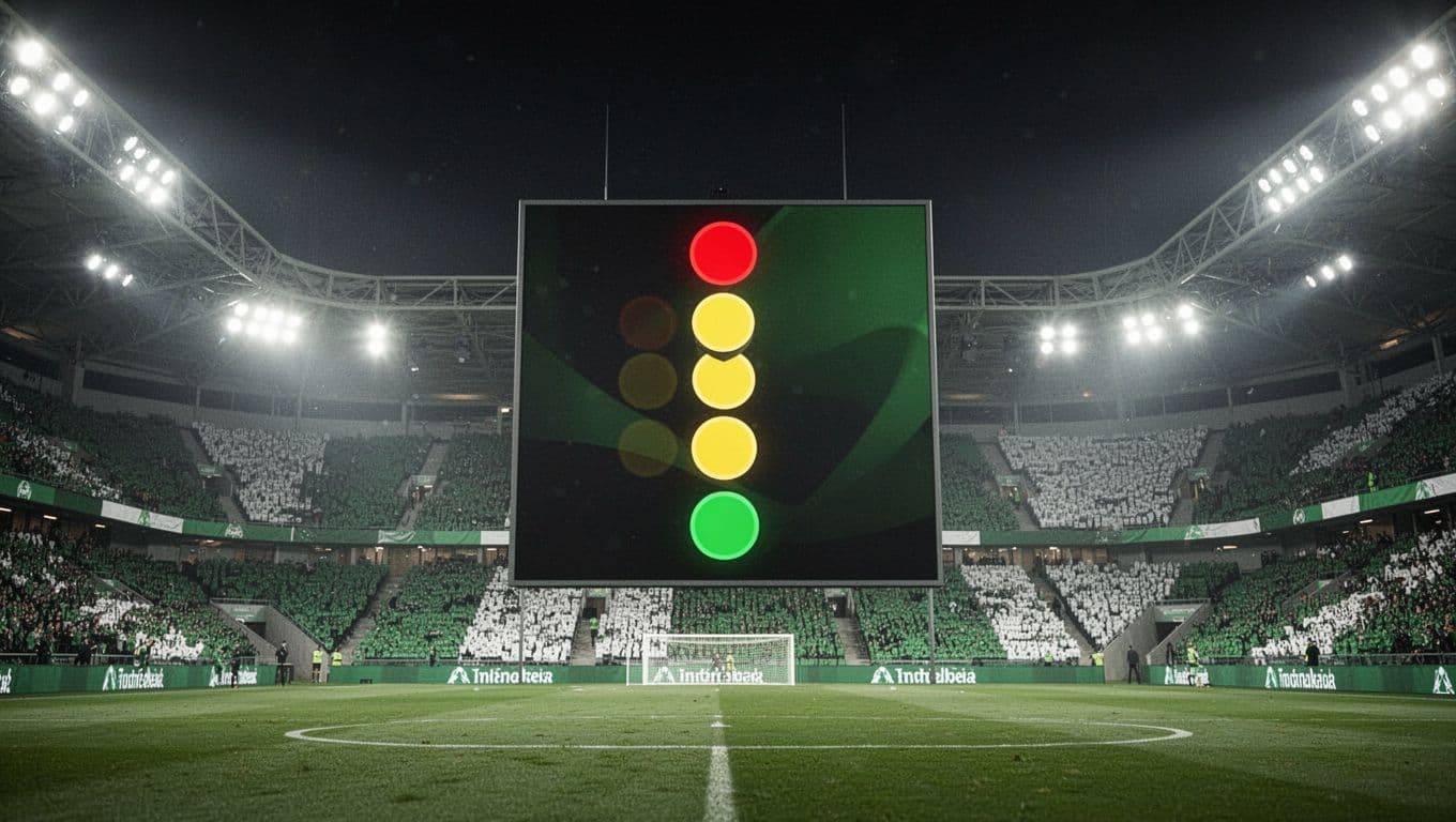 Stadium board shows Coritiba's five recent Serie A 2026 games: losses, draws, wins with red, yellow, green icons.