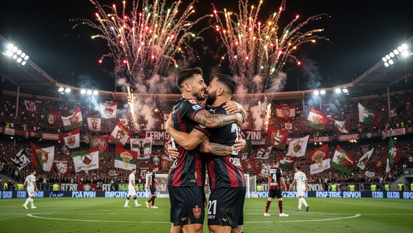 Cremonese player scores in packed Stadio Giovanni Zini as fans cheer, players hug, and fireworks burst overhead.