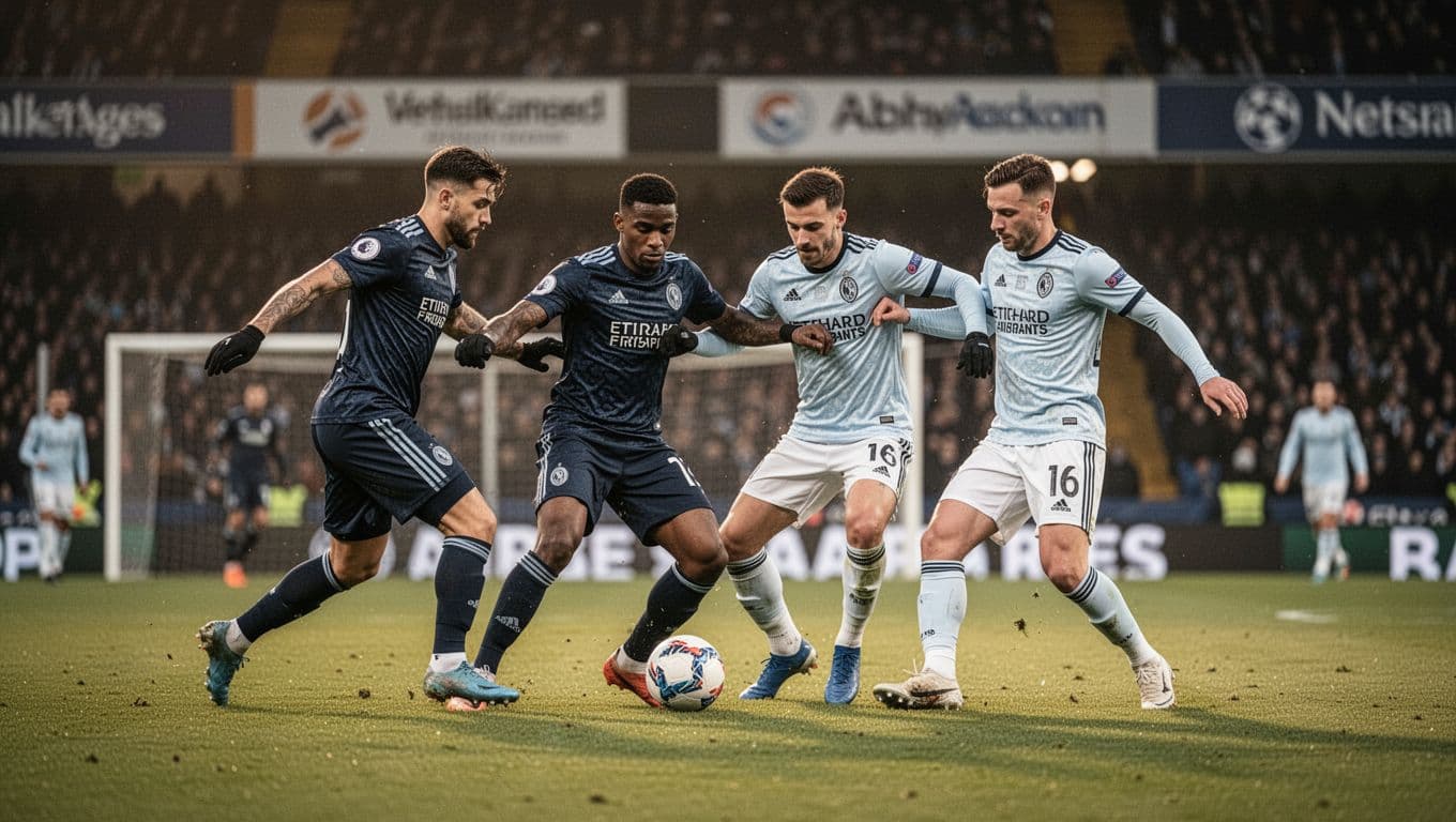 Two Cremonese and two Lazio players clash for the ball in midfield during evening Serie A match, blurred crowd behind.