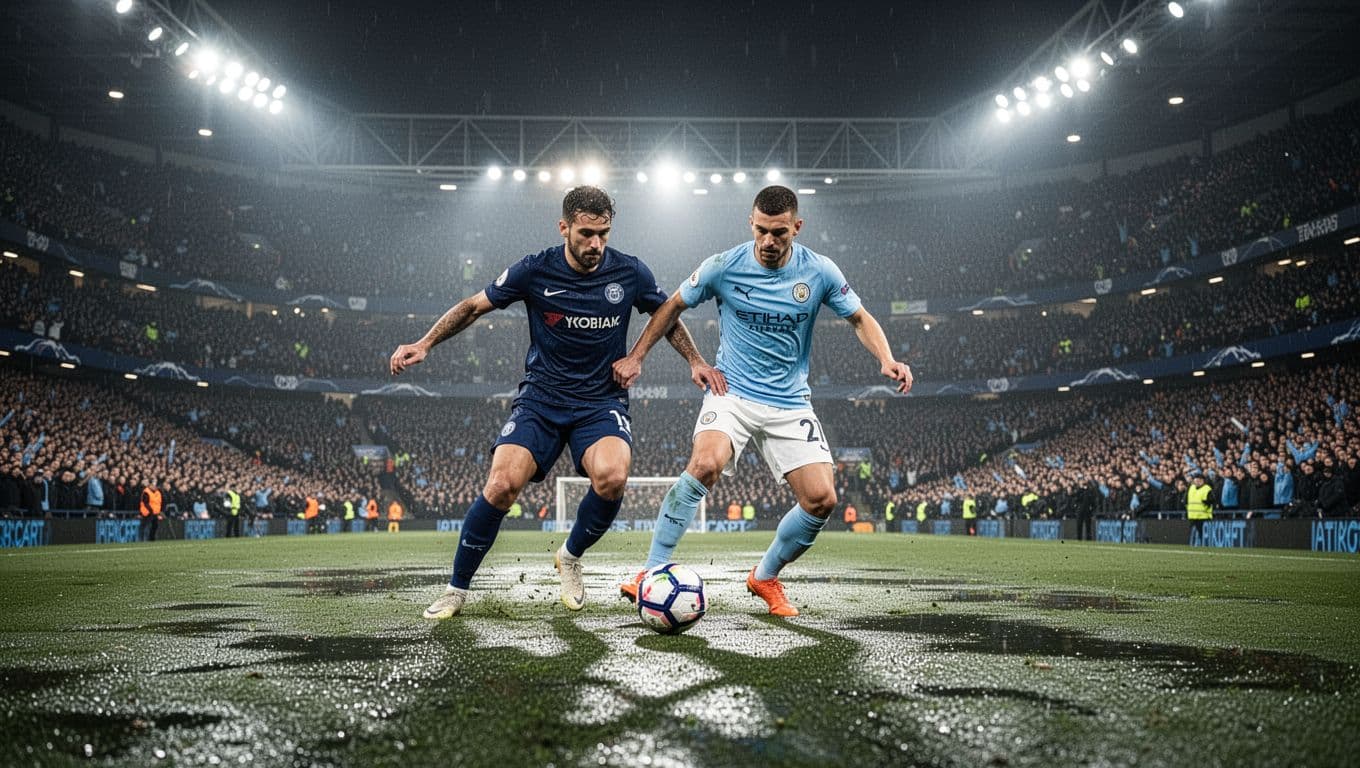 Two players, one in Cremonese kit and one in Napoli kit, duel on wet pitch in packed stadium under floodlights.