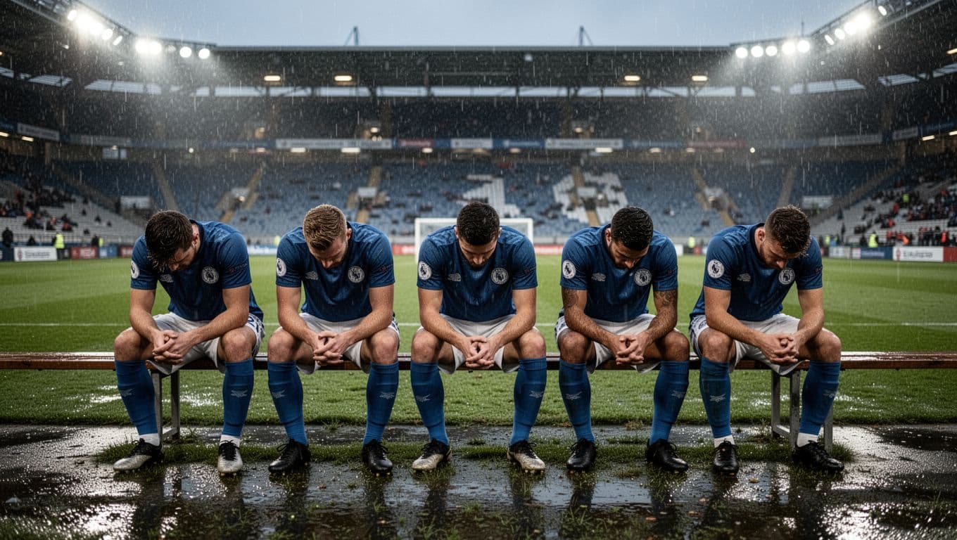 Five Cremonese players sit dejected with heads down on bench, rainy stadium emptying behind.
