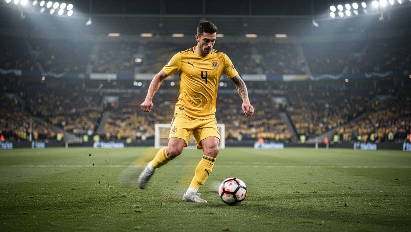 Cristiano Ronaldo in yellow Al Nassr jersey dribbles ball on green pitch with blurred stadium background.