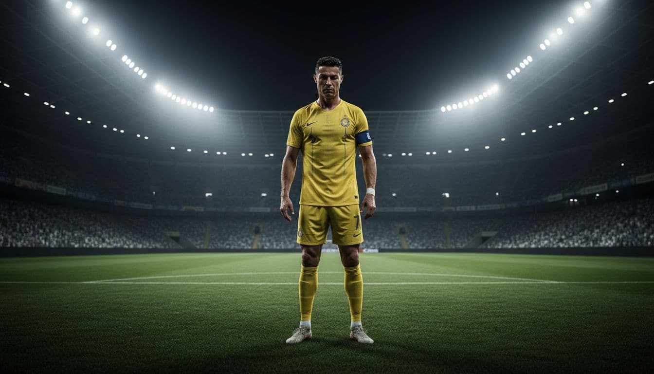 A mature professional soccer player in a yellow jersey stands alone on a stadium field appearing disappointed.