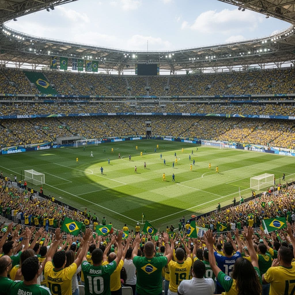Wide shot of packed soccer stadium with cheering fans in stands and green pitch during daylight.