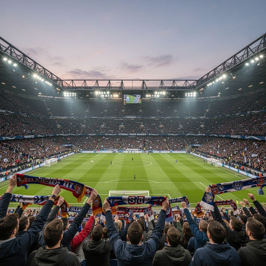 A wide angle shot of a crowded football stadium filled with cheering fans at dusk.