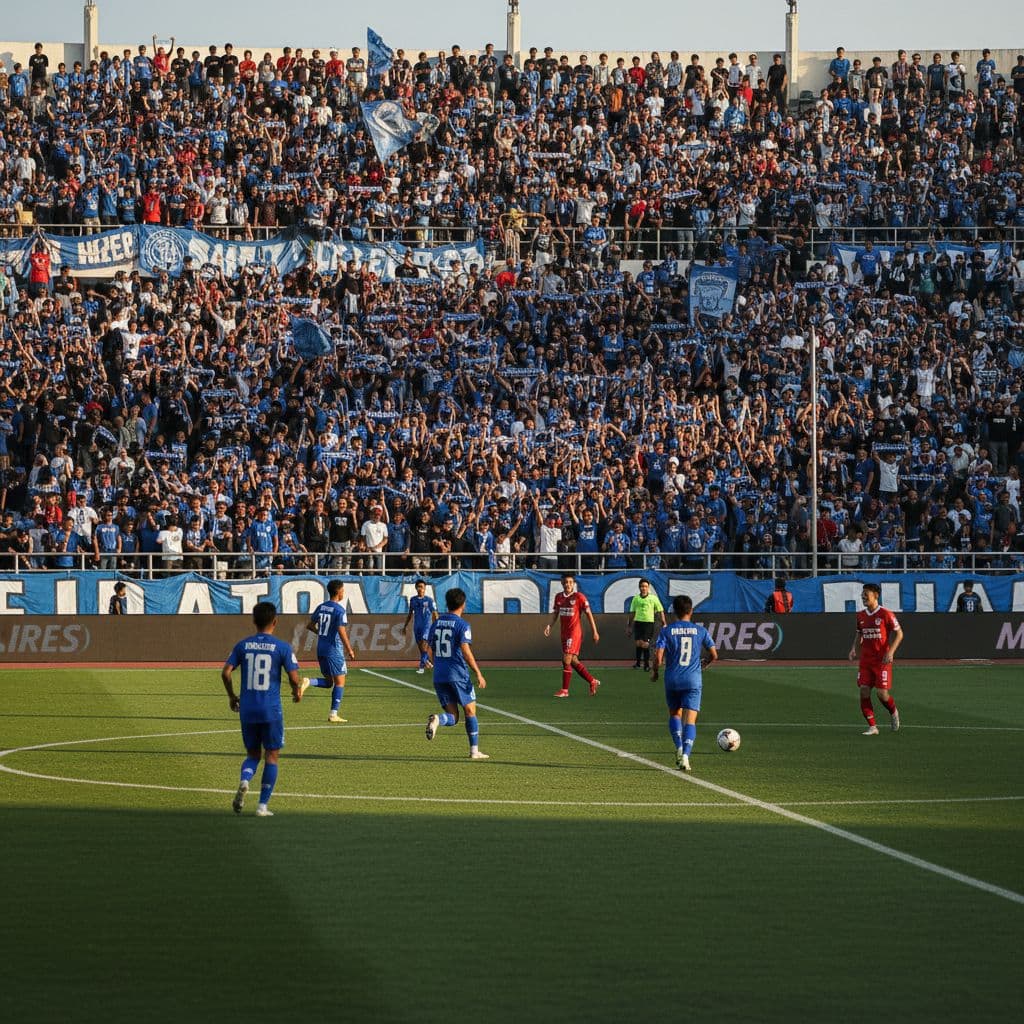 A crowded football stadium in Indonesia features supporters wearing blue while cheering during an afternoon match.