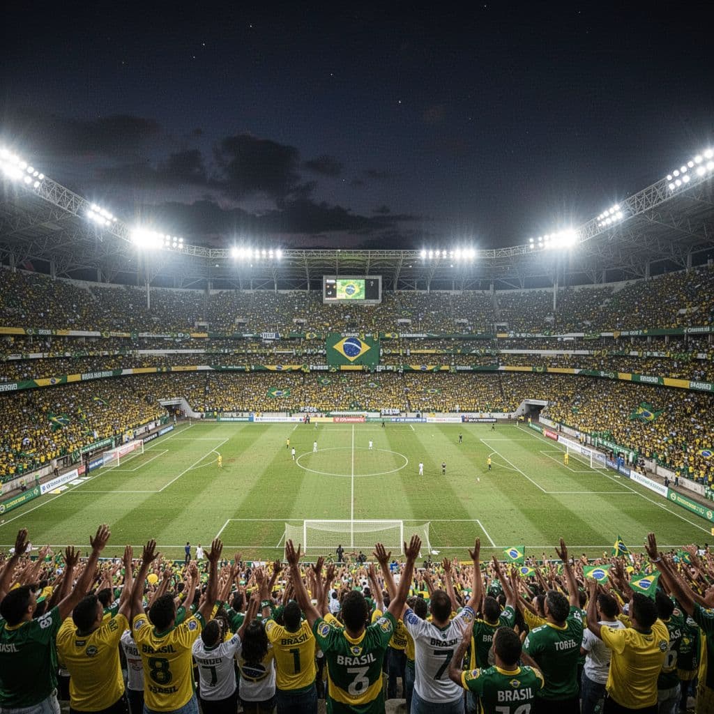 Wide shot of packed Mangueirão stadium in Belém with cheering fans under evening lights.