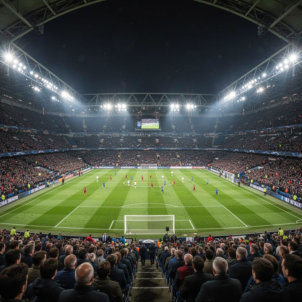 A bustling football stadium illuminated by bright floodlights with thousands of fans watching a night match.