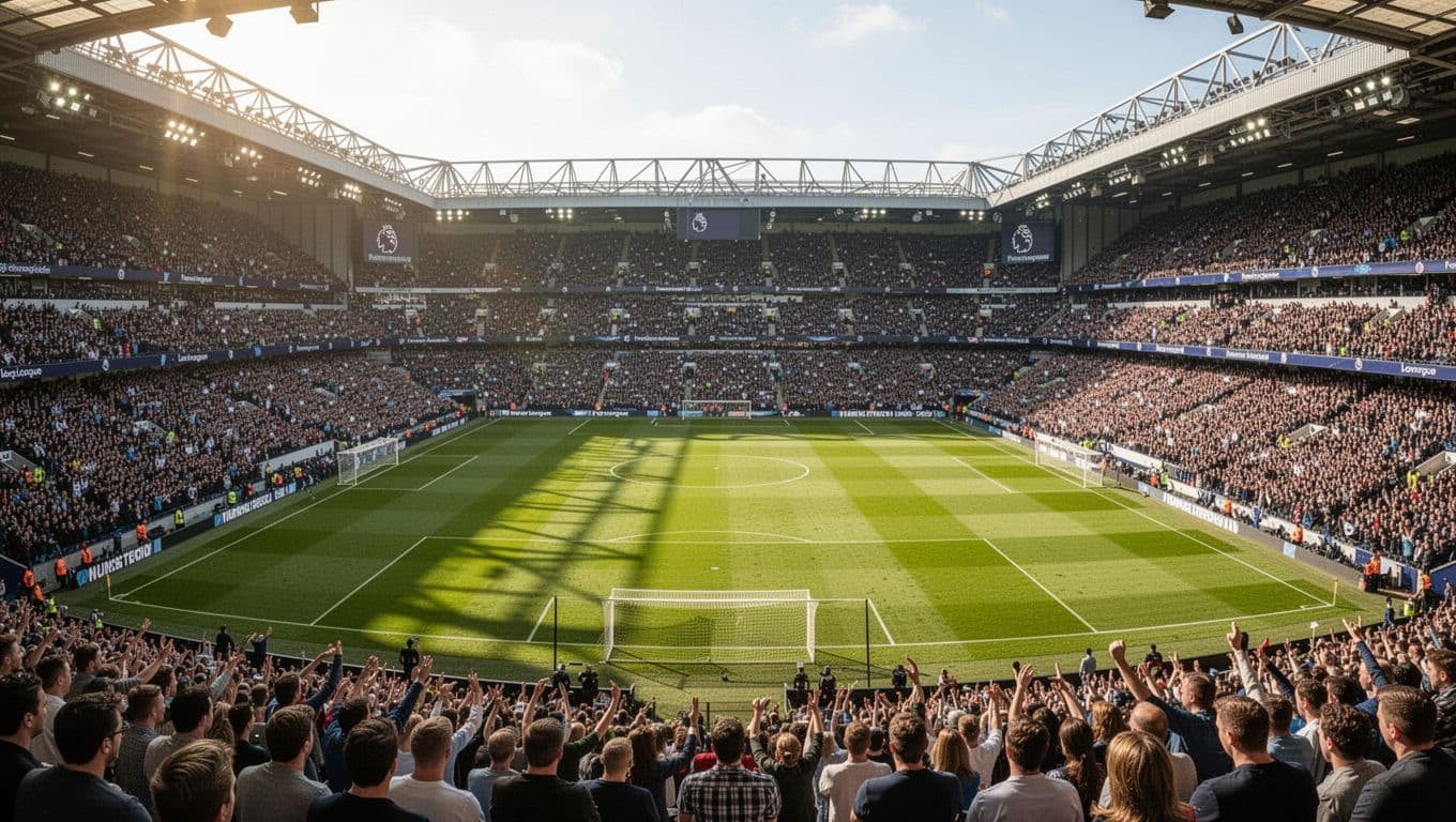 Wide-angle view of crowded football stadium under bright afternoon sun, green pitch and intense stands.