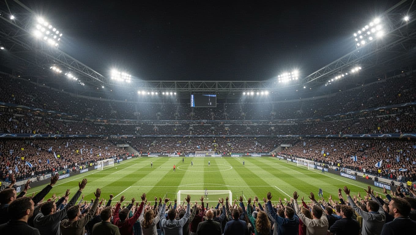 A bustling soccer stadium glows under bright floodlights with fans cheering from the packed stands.