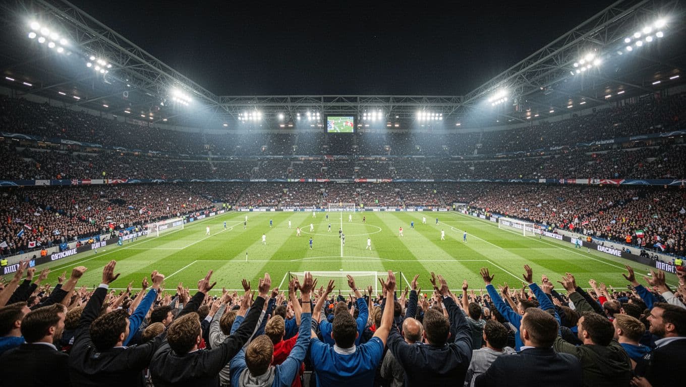 A vibrant international soccer stadium glows under intense floodlights during a night match. Thousands of spectators fill the tiered seating sections while the pristine green pitch remains perfectly illuminated below.