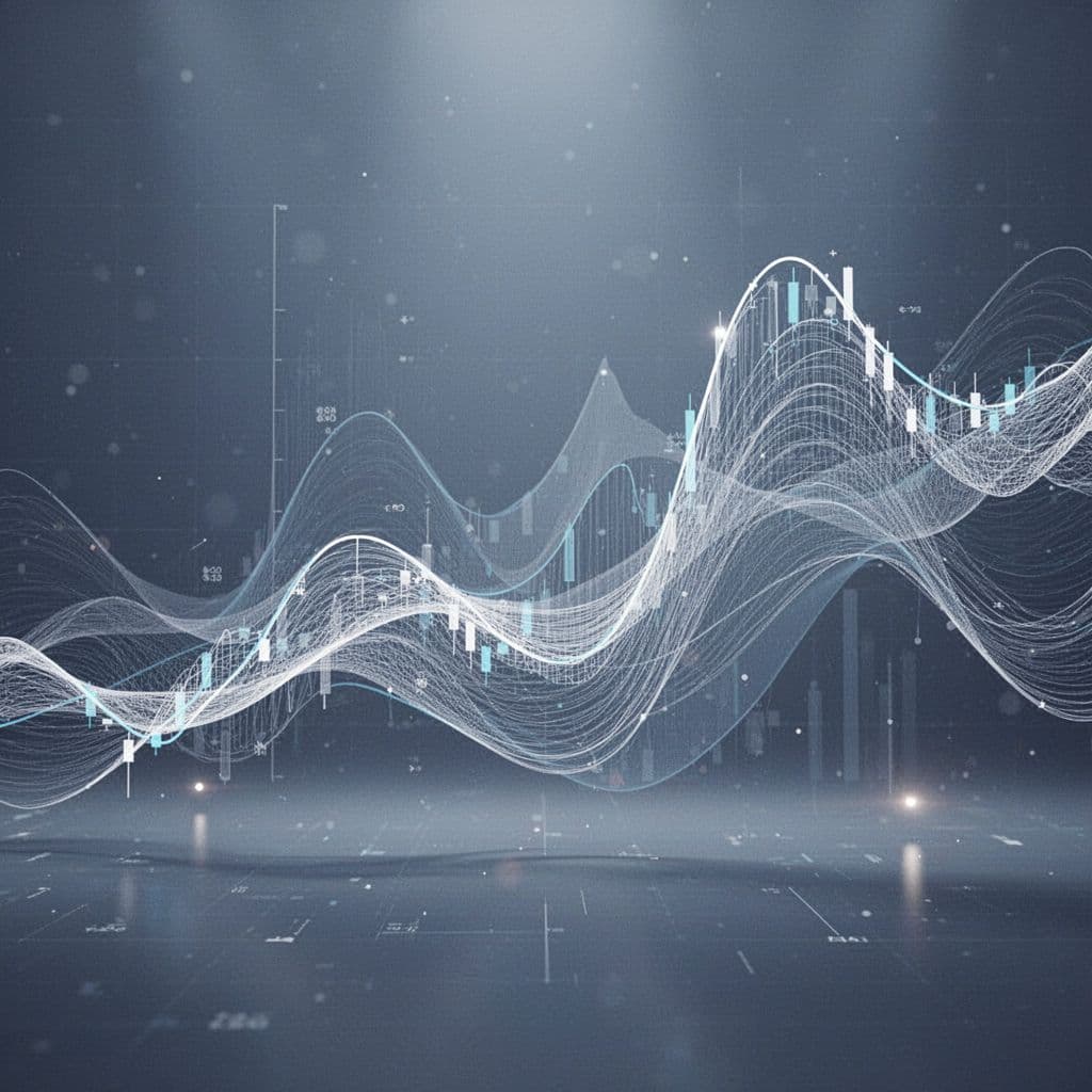 Minimalist blue and white stylized graph with upward and downward lines tracking team performance.