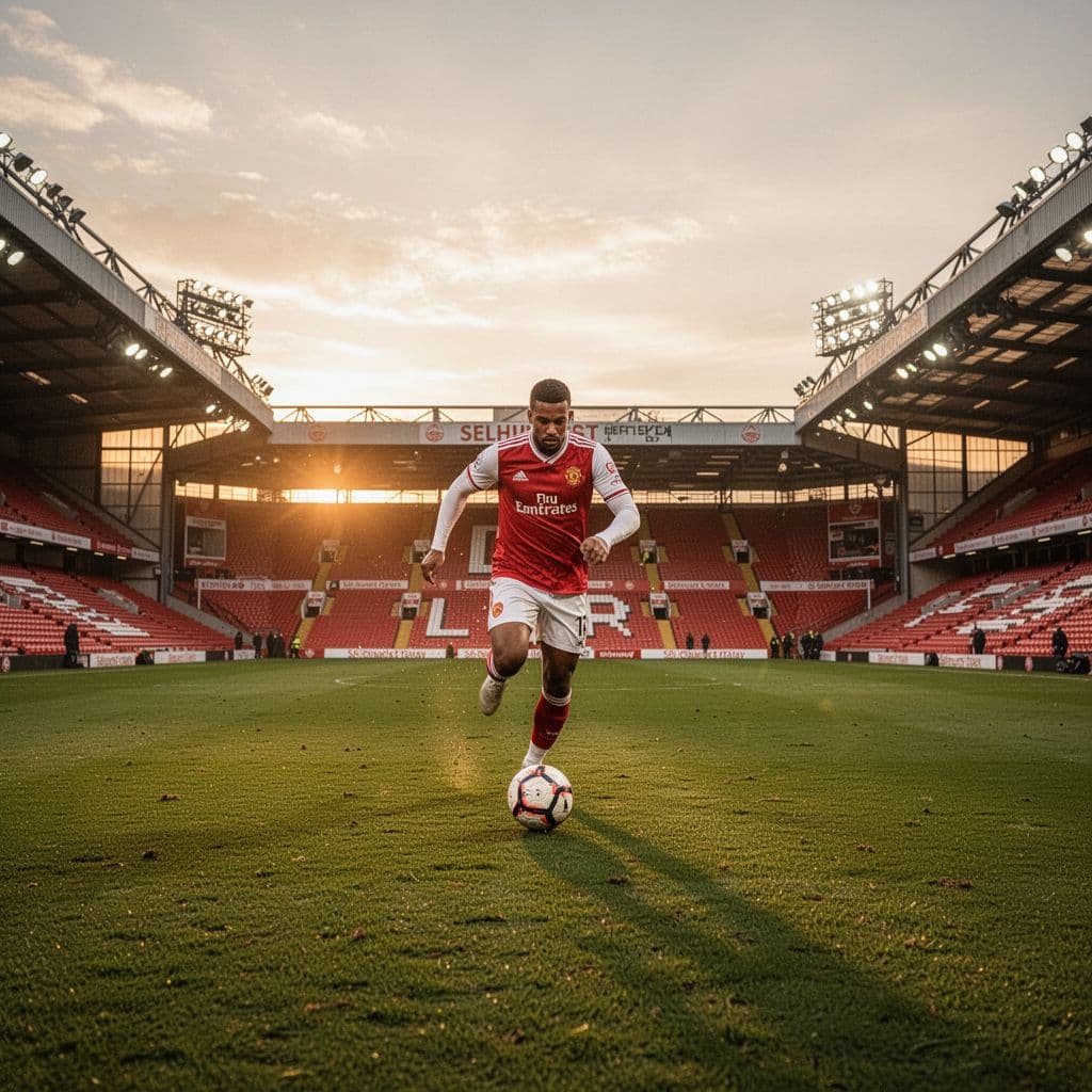 A soccer player in a red and white jersey runs across the pitch at sunset.