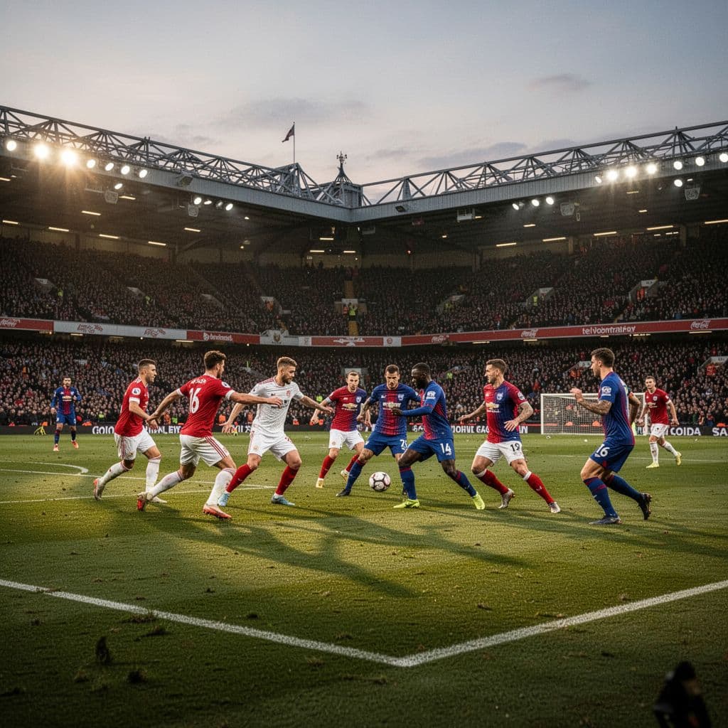 Football players in red and white kits compete on a floodlit pitch during an evening match.