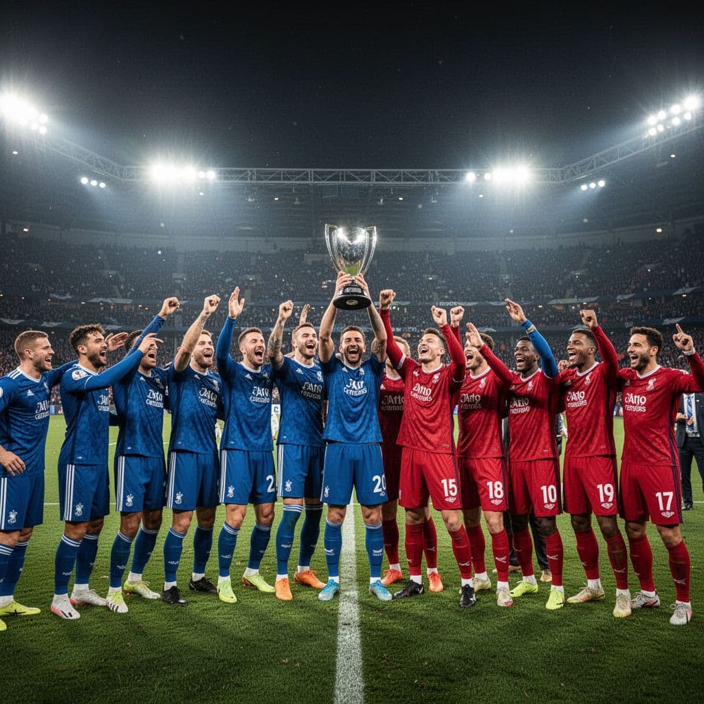 Players in blue and red jerseys gather on the grass under bright stadium floodlights at night. They stand around a central silver trophy, displaying genuine emotion following their inaugural championship win.