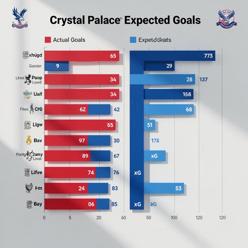 Bar chart compares Crystal Palace actual goals and xG over recent matches in red and blue.