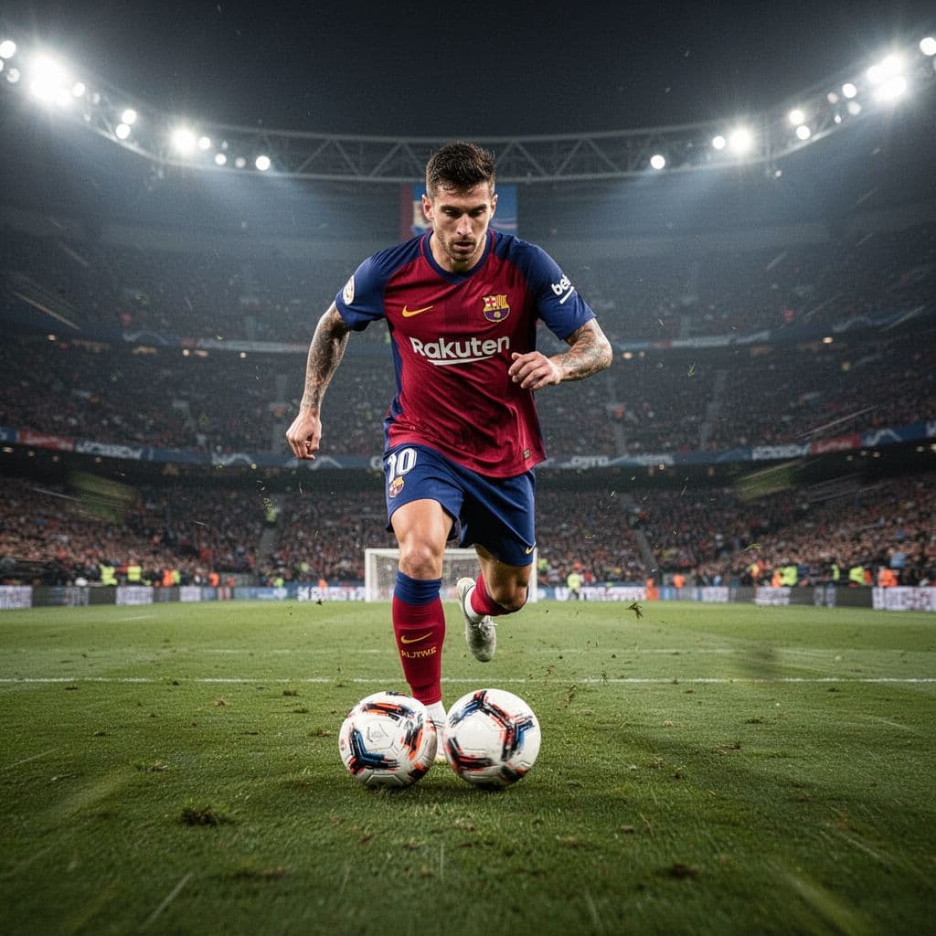 A professional soccer player dribbles a ball across a pitch during a night match.
