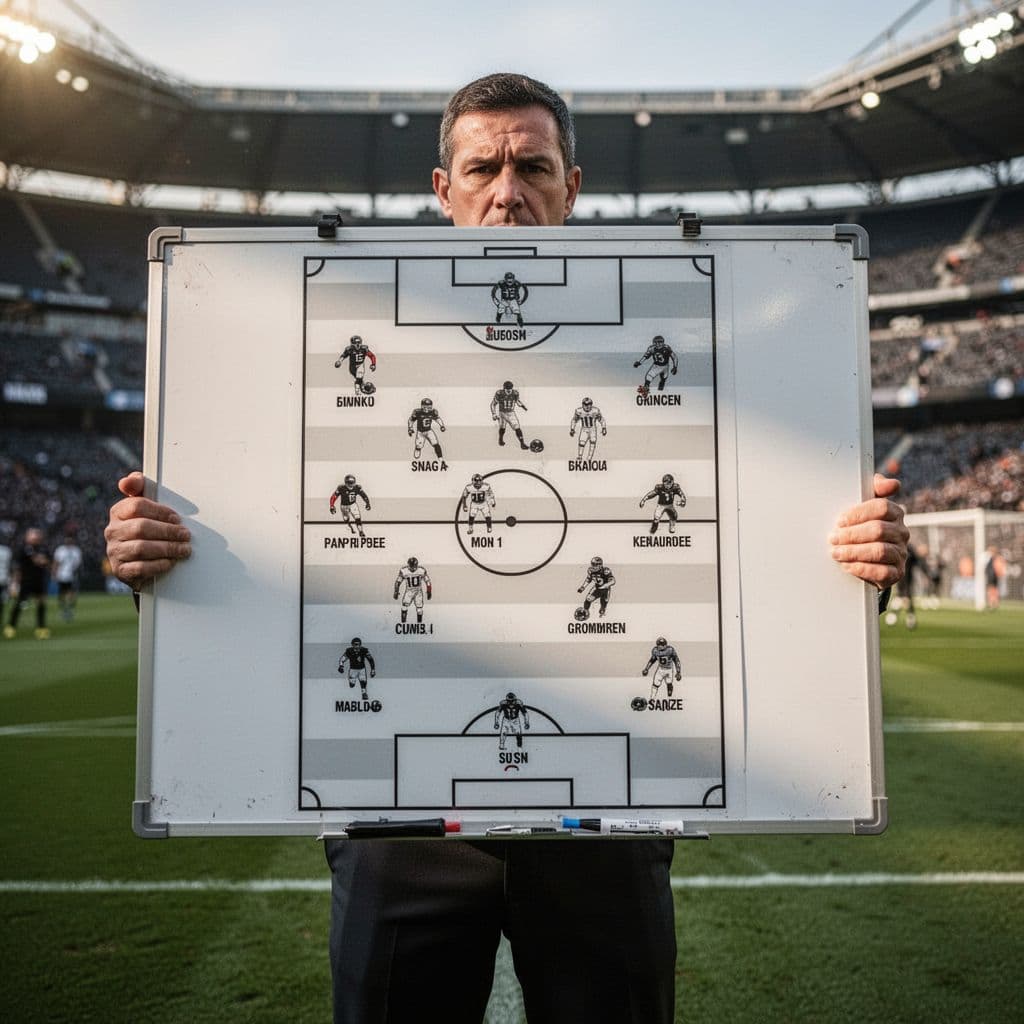 A close-up view of a coaching whiteboard displaying player positions against a blurred stadium background.