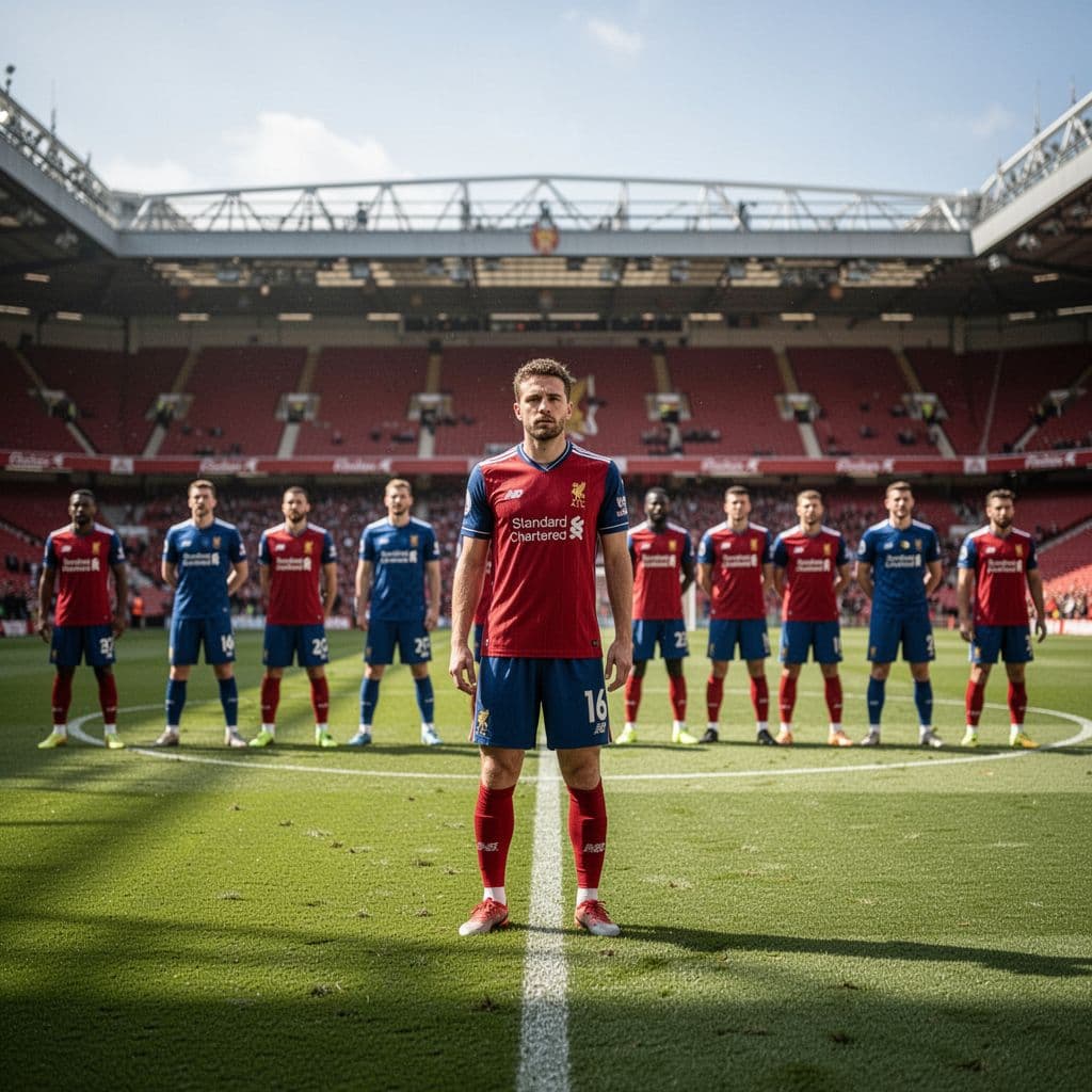 A focused football player leads a defensive block during a match at a sunny historic stadium.