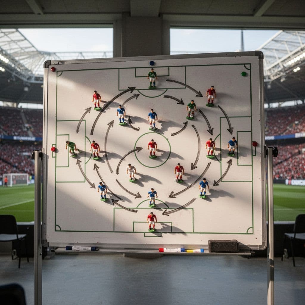 A coach's tactical whiteboard features magnet player positions and movement arrows on a soccer field diagram.