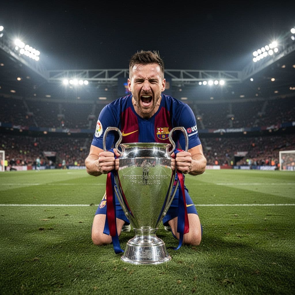 A jubilant football player in a blue and red jersey stands on a stadium pitch at night. A large silver trophy rests in the foreground under bright, intense stadium floodlights.