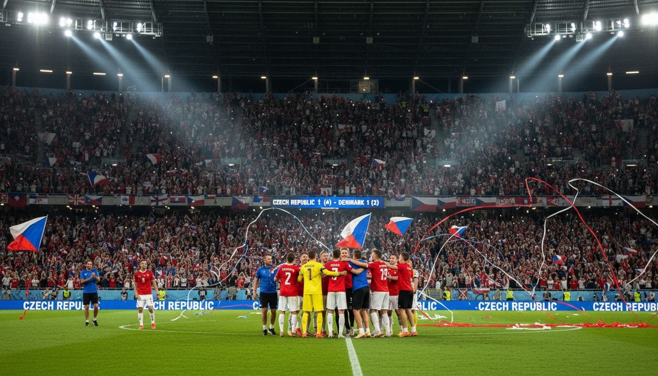 Ecstatic crowd of Czech Republic fans fills Prague stadium under night lights as their team wins the penalty shootout against Denmark in the 2026 World Cup playoff final, with players embracing in the center field in dramatic sports photography style.
