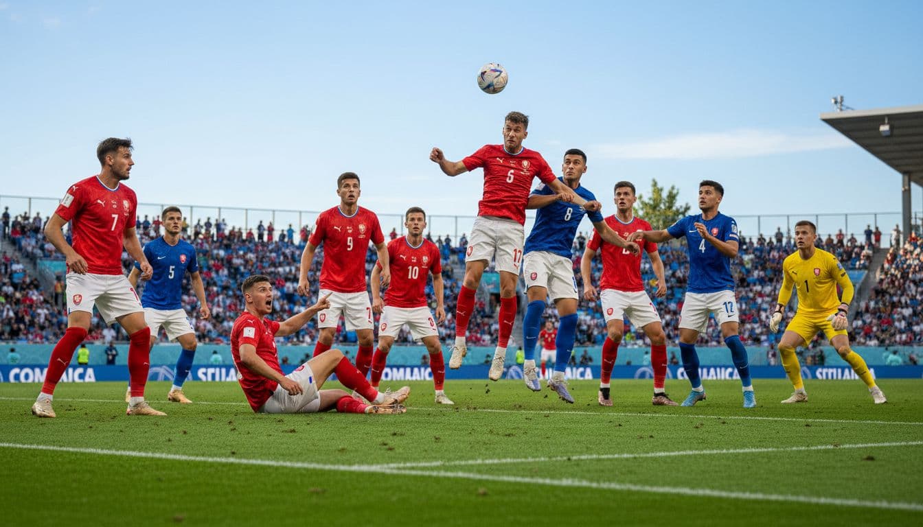 Czech Republic players execute a dynamic corner kick set-piece during a 2026 World Cup match, with a defender jumping for a header in a crowded penalty area on a green stadium field under daytime light. Realistic soccer action shot shows exactly 10 players, no text, logos, or watermarks.