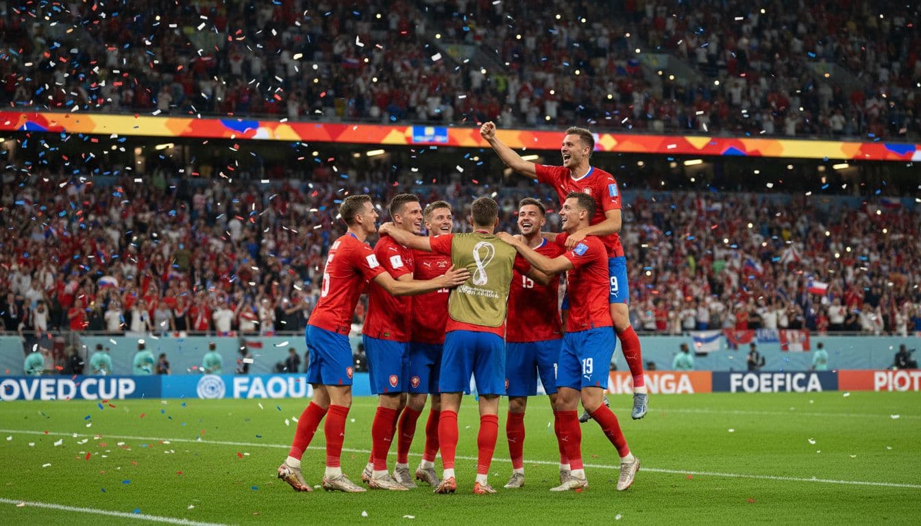 The Czech Republic national football team celebrates advancing from the group stage in the 2026 World Cup, with exactly eight players hugging on the green turf in a stadium under evening lights, fans cheering in the background.
