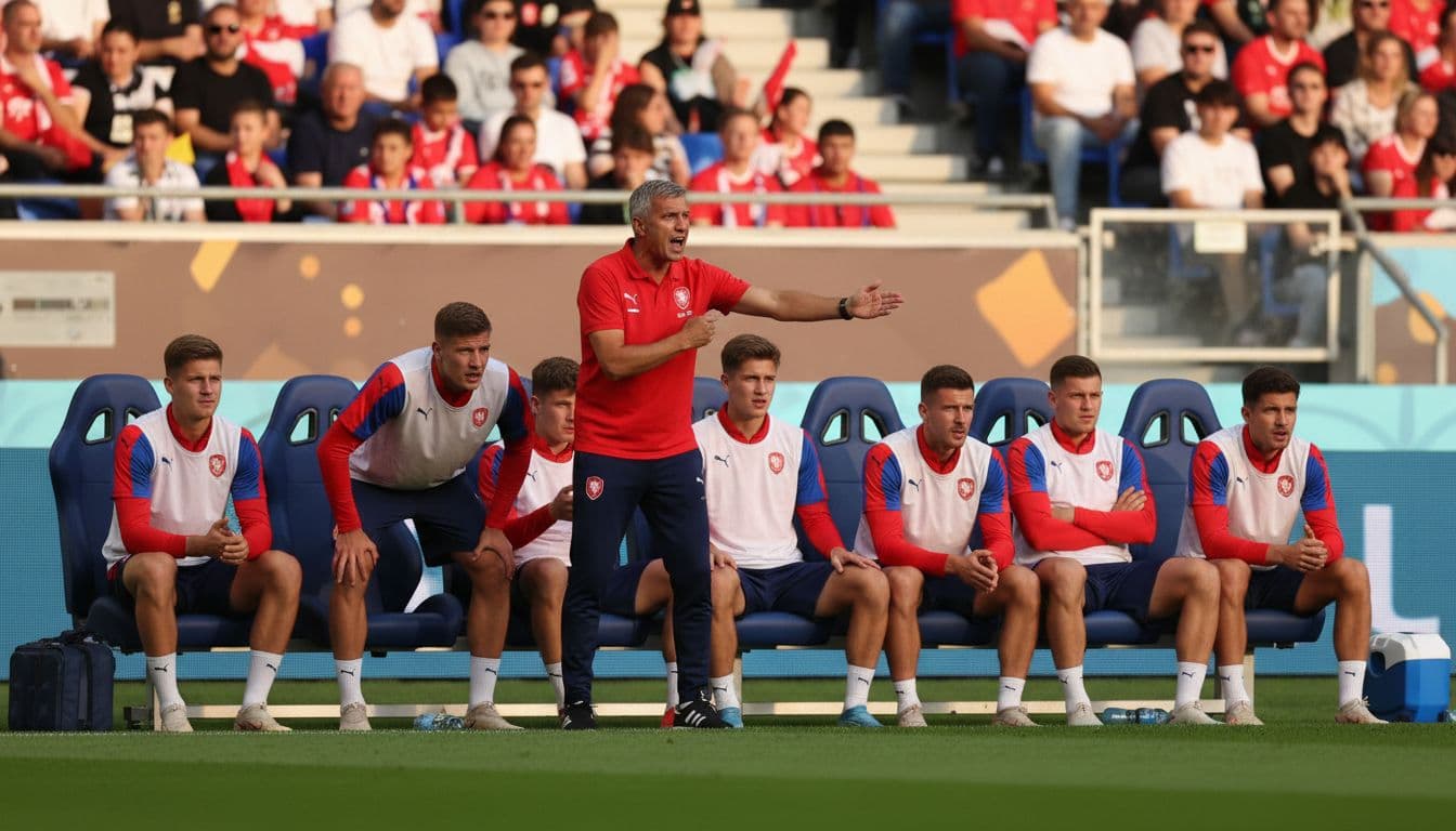 Czech Republic football substitutes and coach on the bench during a 2026 World Cup match, watching intently from the sidelines with coach gesturing, blurred stadium background, green field, afternoon light, depicting squad depth challenges.