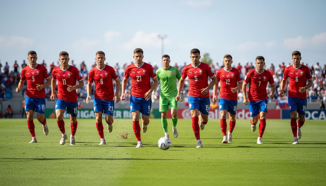 Czech Republic national football team performs a rapid transition from defense to attack in a 2026 World Cup qualifier, with players compactly advancing on the green stadium field during daytime, emphasizing team unity and realistic soccer play.