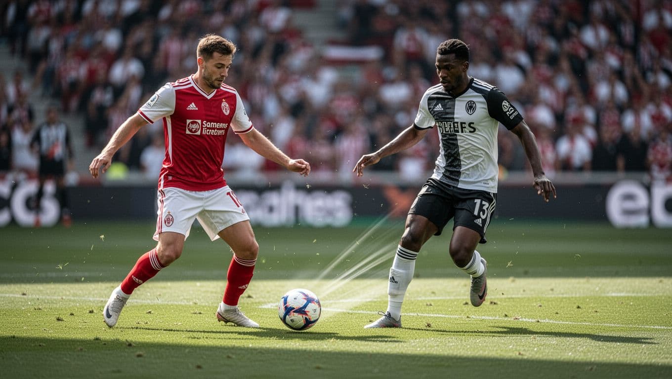 Mainz 05 midfielder Danny da Costa makes key pass to forward teammate during build-up play on green Bundesliga pitch, stadium crowd blurred, action shot with motion blur on ball, realistic soccer photography, natural daylight, no text or logos, exactly two players visible, no extra limbs or people.
