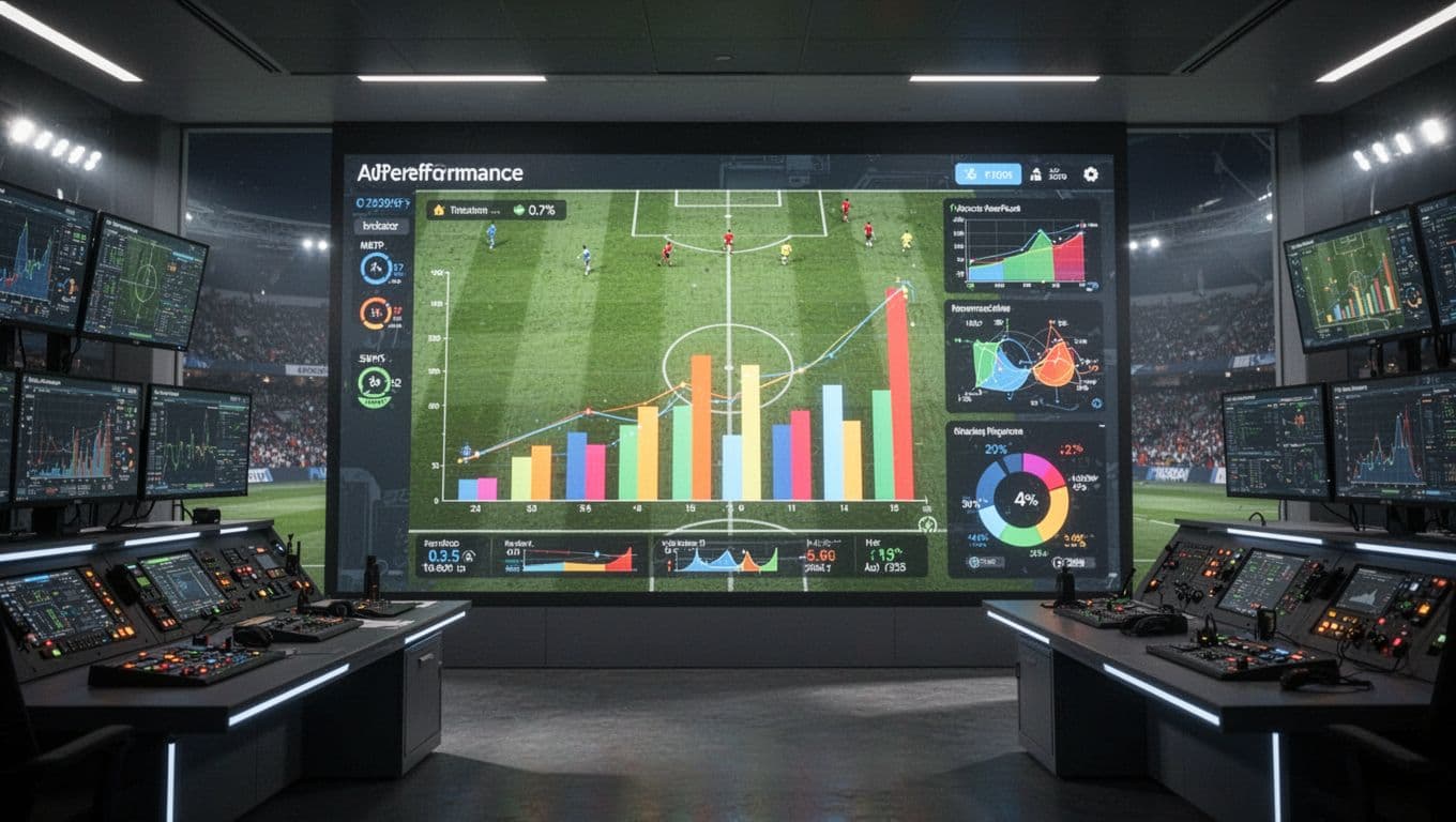 Layar digital raksasa menampilkan grafik batang serta metrik performa pemain dalam ruang kendali stadion yang remang. Data visual ini membandingkan kekuatan kedua tim sepak bola secara mendetail untuk kebutuhan analisis teknis.