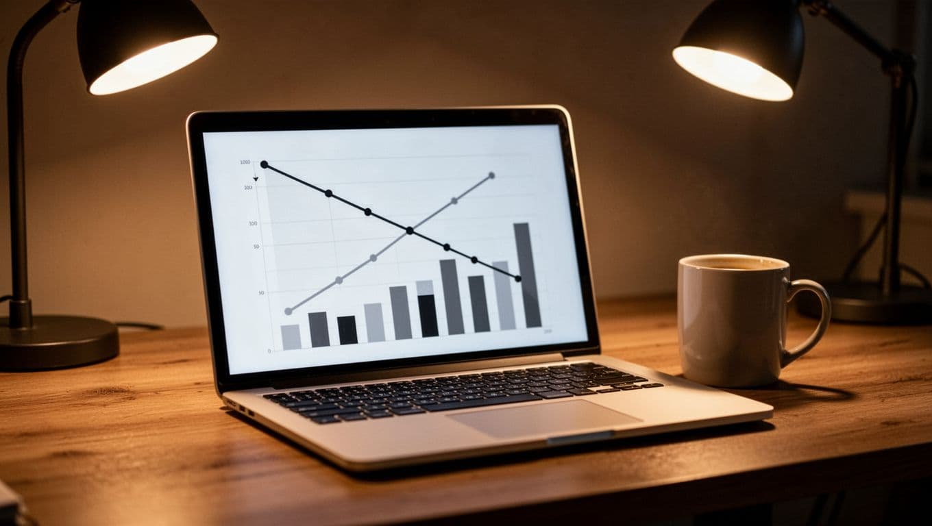 Laptop on table in dim room displays bar chart of worsening soccer team stats, coffee mug nearby.