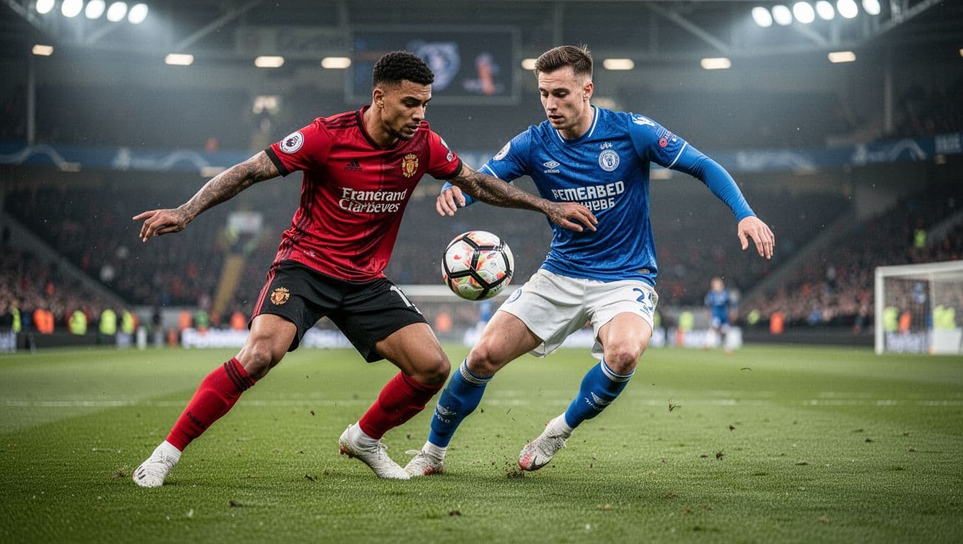 A football defender in red and black kit blocks a striker in blue on a grass pitch.