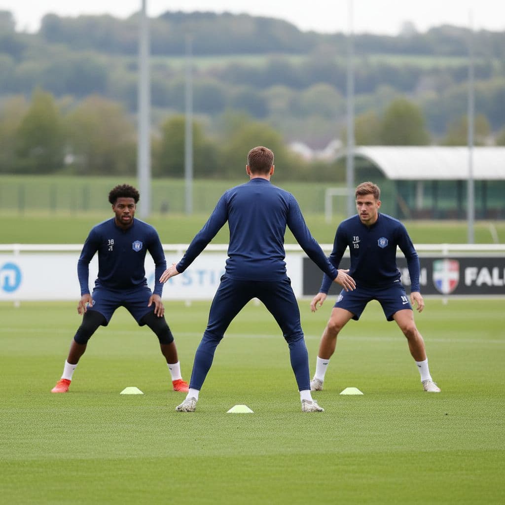 Three defensive football players practice organized positioning and formation drills on a green training field.
