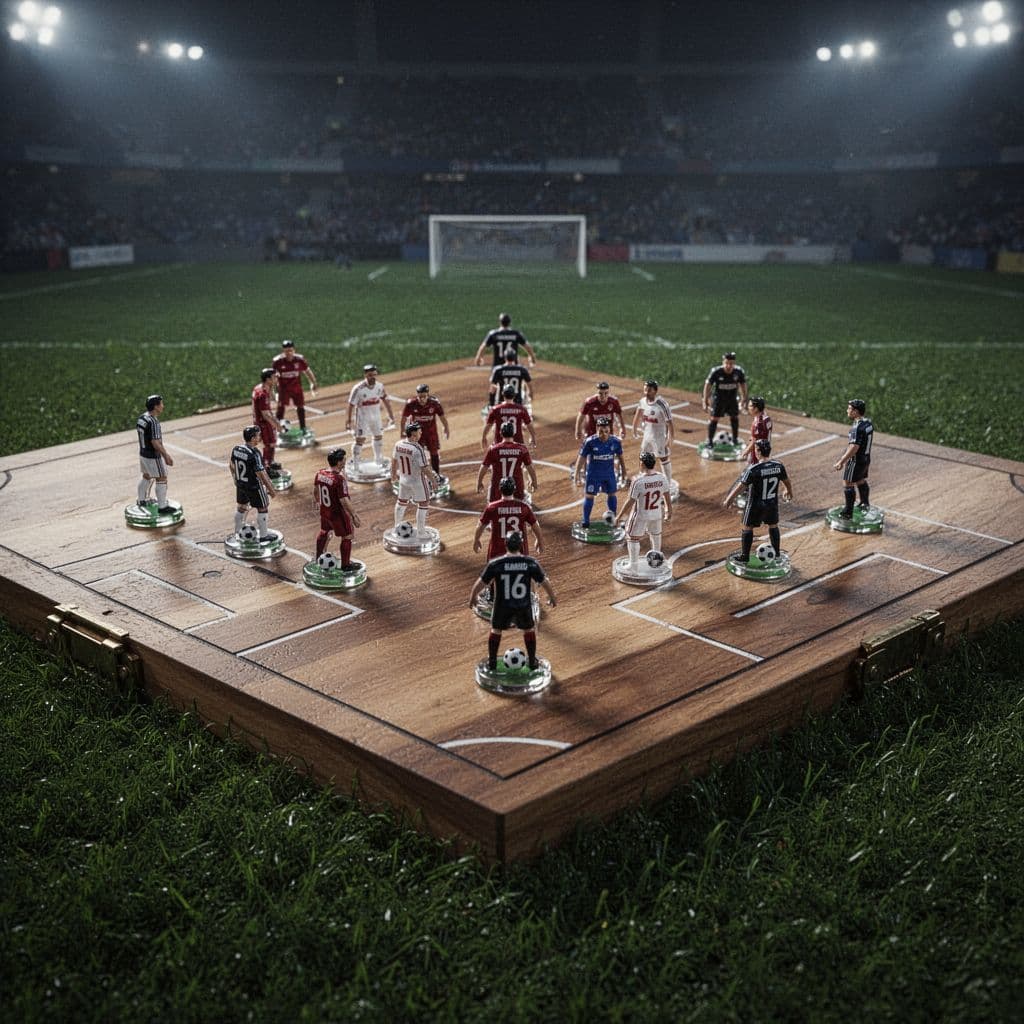 Close-up of tactical football board with pieces in defensive formation on green field under dim stadium lights.