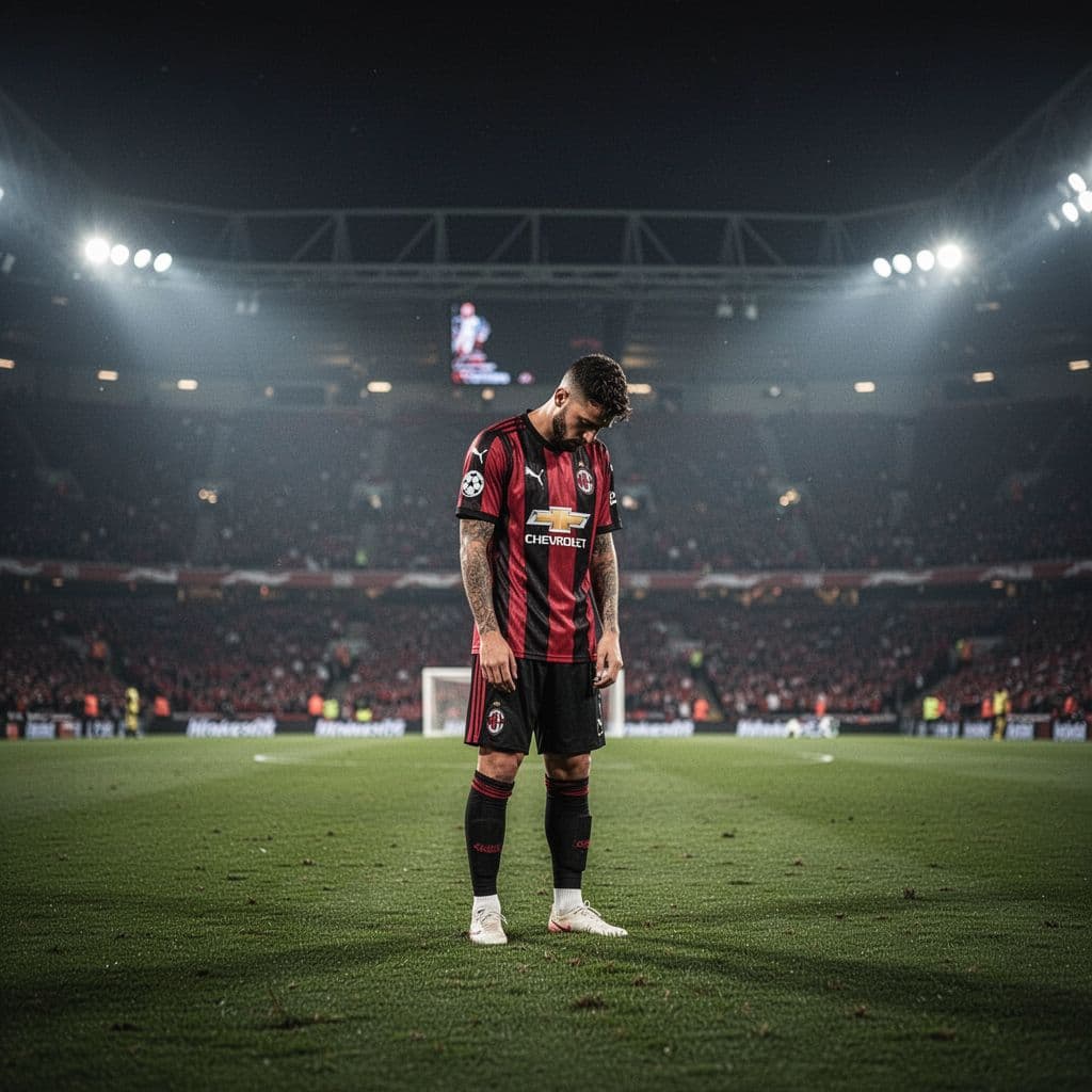 Dejected soccer player in red-black striped jersey stands on San Siro pitch at night, head bowed, blurry stadium lights behind.