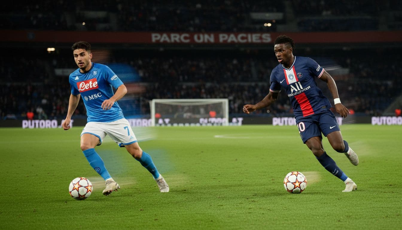 Dembélé dribbles ball on right wing, Kvaratskhelia advances left wing in night Parc des Princes match under bright stadium lights.