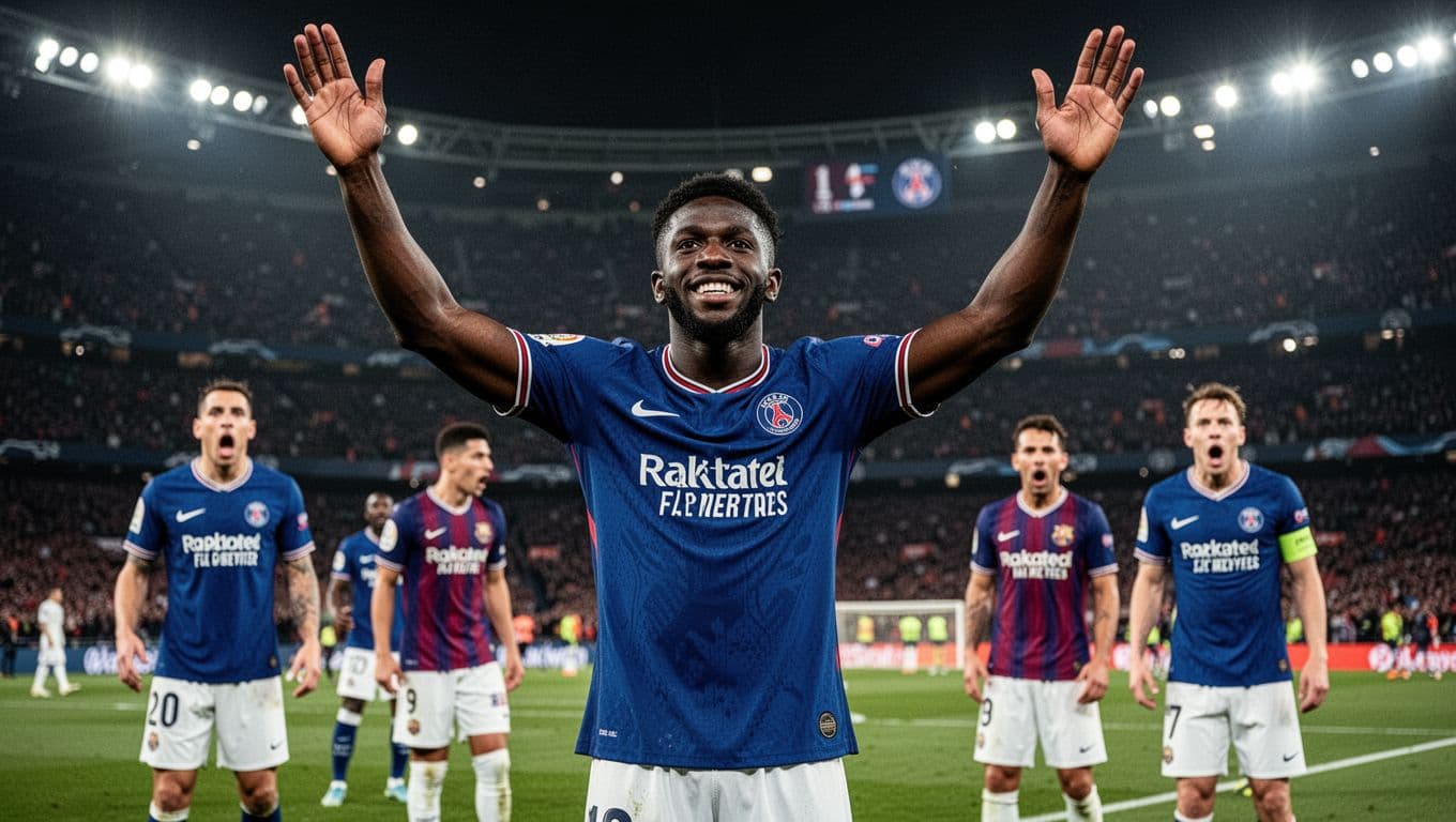 Ousmane Dembélé in PSG blue jersey raises arms celebrating goal, two teammates rush in, shocked Bayern defenders behind in packed Allianz Arena night stadium.