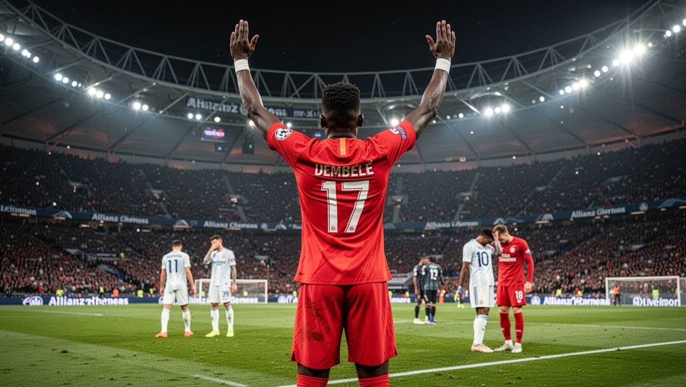 Ousmane Dembélé in PSG jersey raises arms celebrating goal from sideline view, Bayern players disappointed in background under night stadium lights.